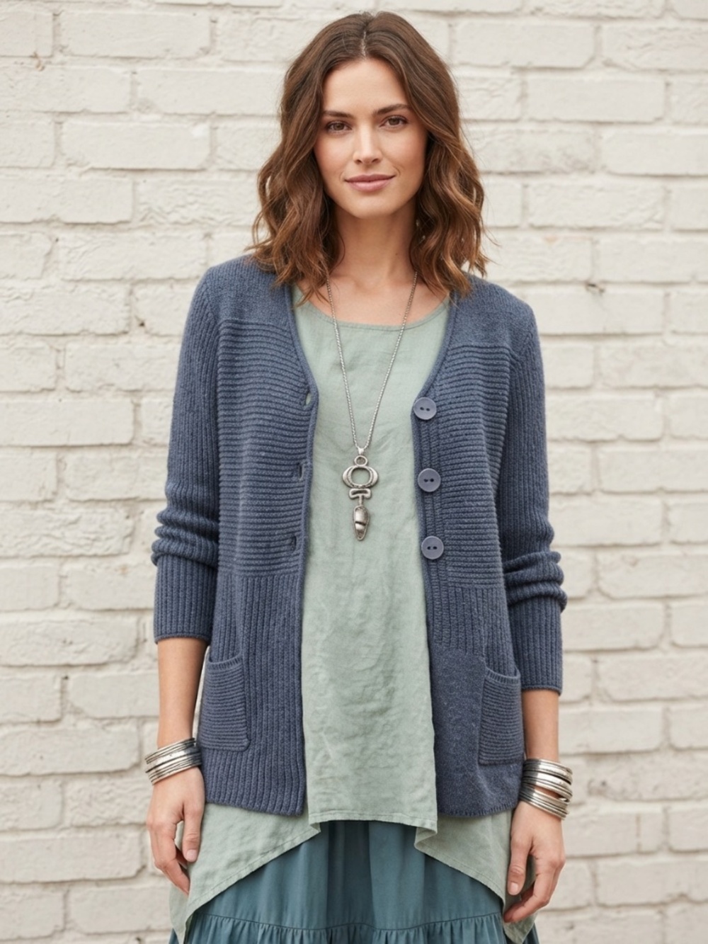 Habitat Clothes To Live In Blue Textured Knit Cardigan Button Front Pockets